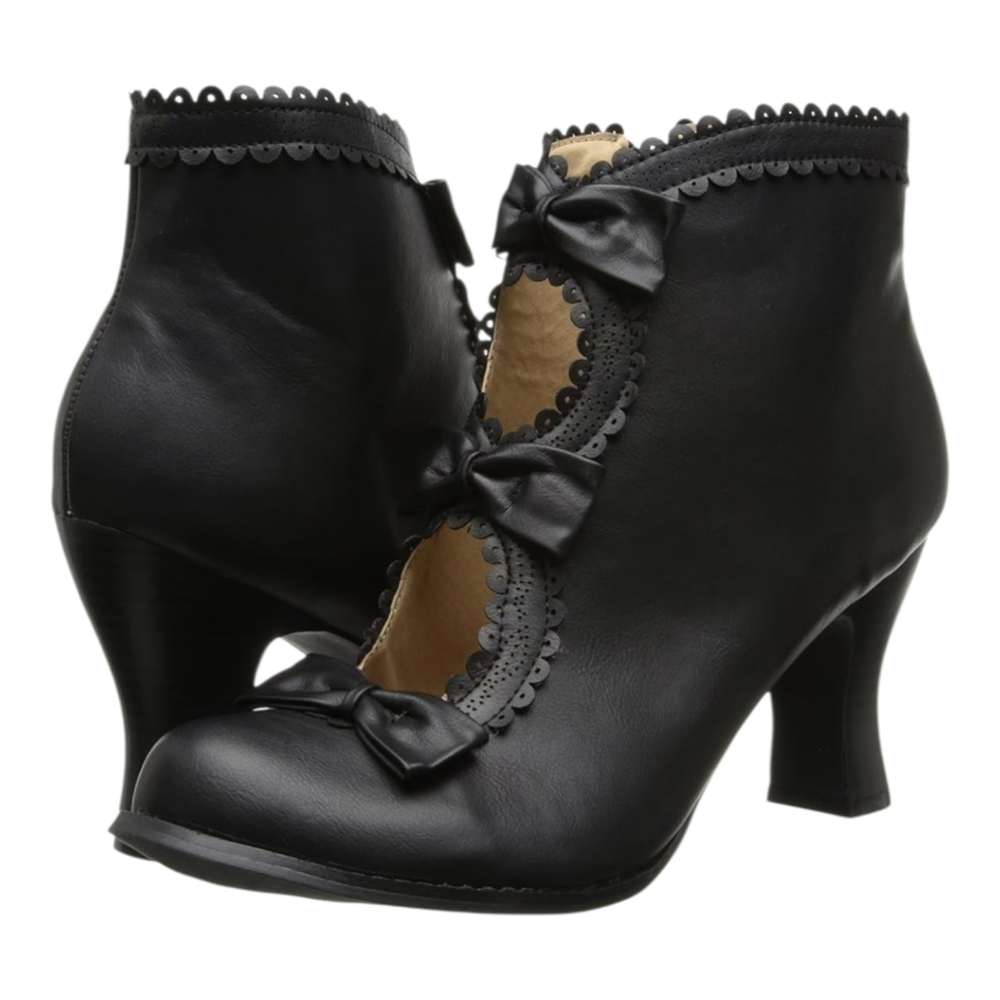 Mojo Moxy Black Scalloped Bow Ankle Heeled Boots